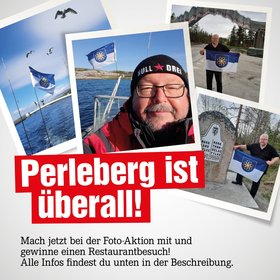 Collage: Mehrere Fotos von Thomas Domres und einer Flagge mit dem Wappen der Stadt Perleberg an verschiedenen Orten